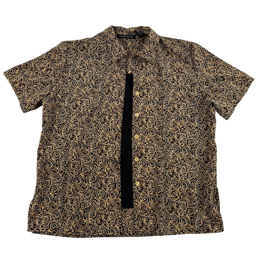Vintage Funky Swirl Pattern Flowy Black Gold Button-Up Top Fits like Medium